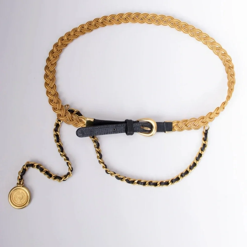 Authentic CHANEL vintage black leather chain belt 80cm